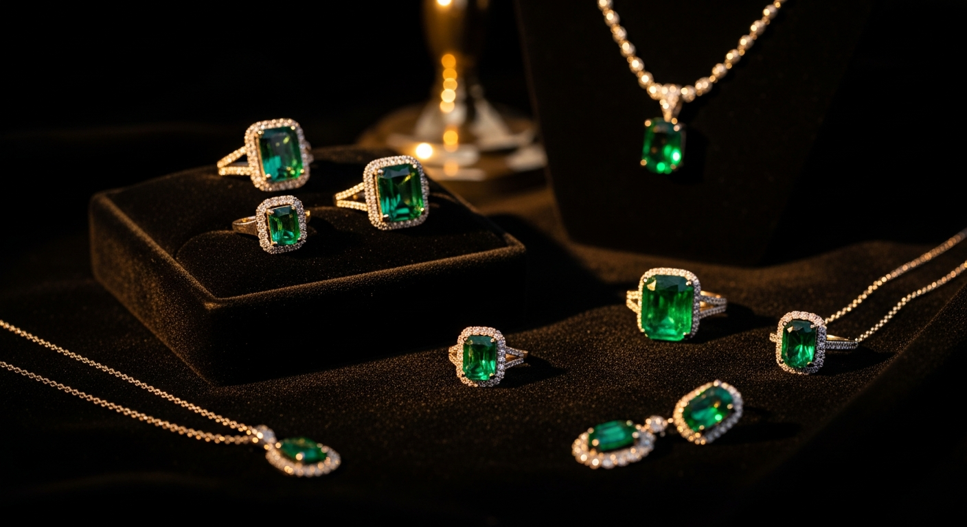 Collection bijoux émeraude d'exception sur velours noir